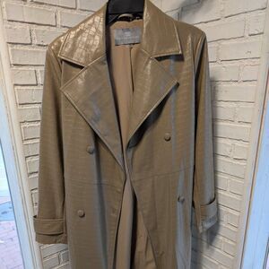 NWT Tan Faux Leather Croc Pattern Button Close Trench Coat, Size S